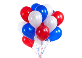 Vibrant blue, white, and red balloons floating against a clear blue sky, format with a transparent background. png