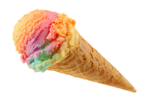 Colorful rainbow ice cream served in a waffle cone, format with transparent background for your creative project. png
