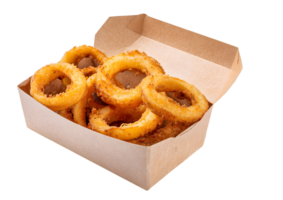 Box of crispy onion rings ready to eat transparent background png