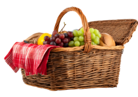 Picnic basket filled with grapes, lemons, and bread with a red patterned cloth transparent background png