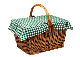 Wicker picnic basket covered with a green checkered cloth transparent background png