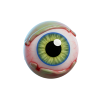 A cartoon eyeball with a green iris, blue ring, and red veins is shown against a white background to use in medical illustrations. png