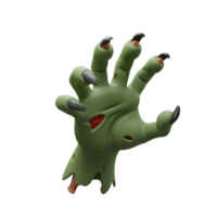 An illustrated green zombie hand with black claws reaches out, featuring visible wounds and decay, great for Halloween themed designs. png