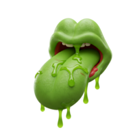 A green mouth with a tongue sticking out shows liquid dripping down, creating a slimy effect and providing a spooky or humorous image. png