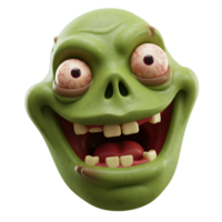 A green cartoon zombie head with bulging red eyes and an open mouth full of teeth is smiling, and the image can be used for Halloween themed designs. png
