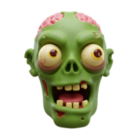 A cartoon zombie head with a green face, exposed brain, and open mouth is displayed in the image, suitable for Halloween decorations and digital art. png