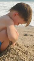 Vertical . Summer season. Kid playing with sand on seaside beach video
