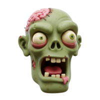 Cartoon zombie head features an exposed brain, visible stitches, and a gaping mouth dripping with slime, making it suitable for Halloween decorations or gaming. png