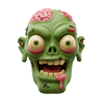 A cartoon zombie head with a green complexion and exposed brain stares wide eyed, creating a spooky image for Halloween decorations. png