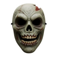 A gray skull mask shows cracks and an exposed wound, creating a spooky and unsettling effect, likely worn for Halloween or costume parties. png