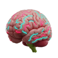 A human brain is displayed with pink and cyan neon lines accentuating its structure, suitable for use in science and education. png