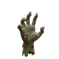 An illustration shows a spooky green zombie hand with red nails and decaying flesh reaching up against a white background, perfect for Halloween themes or horror projects. png