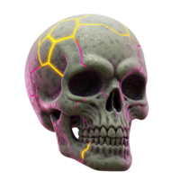 A textured gray skull is displayed with neon yellow and pink cracks highlighting its surface, perfect for adding a vibrant edge to any project. png