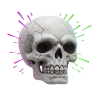 A cracked skull is featured with radiating neon green and purple rays for a striking design element. png