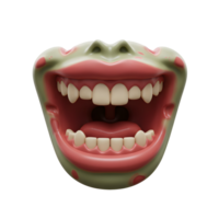 A green zombie like face with an open mouth full of teeth features a cartoon like style, for use as a fun or scary decoration. png