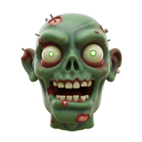 A cartoon zombie head is depicted with green skin, glowing green eyes, exposed teeth, and visible wounds, ideal for Halloween decorations or digital art. png