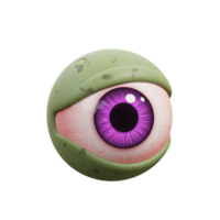 A digitally rendered eyeball with a vibrant purple iris and green, damaged lid is isolated on a white background, possibly for use as a Halloween decoration or a fun graphic element. png