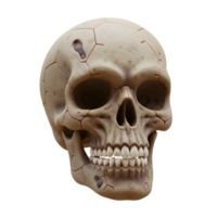 Detailed human skull features cracks and holes in its surface, rendering it ideal for Halloween decorations or artistic anatomical studies. png