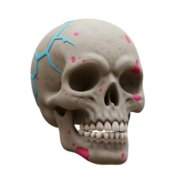 A gray skull features blue cracks and pink spots, giving it a distinct and weathered appearance suitable for Halloween decoration. png