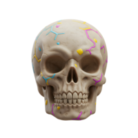 Close up view of a human skull decorated with colorful crack patterns against a white background, useful for Halloween and artistic projects. png