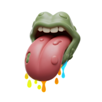 A cartoonish green mouth is open with a long red tongue dripping multicolored liquid, ideal for use in quirky graphic designs. png