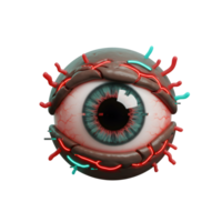 Detailed rendering of a creepy eyeball with glowing red veins and neon blue tubes wrapped around it, ideal for horror or sci fi themed projects. png