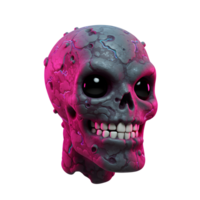 A gray skull with visible holes is lit by a pink light, creating a spooky and cartoonish image for Halloween decorations. png