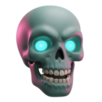 A spooky skull with glowing teal eyes rendered in 3D with pink lighting creates an eerie effect, suitable for Halloween or horror themes. png