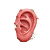 Cartoon image of an ear is infested with worms and visited by a fly, creating a grotesque illustration for use in horror or Halloween themed content. png