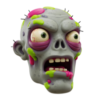 A cartoon zombie head with bulging eyes and rotting flesh is depicted with a colorful and playful style, perfect for halloween themes. png