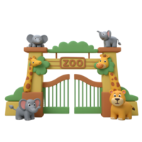 Cartoon zoo gate decorated with elephant, giraffe, and lion figures, perfect for children's books or educational materials. png