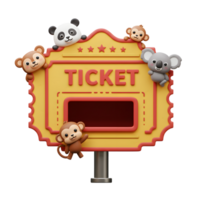 A yellow cartoon ticket sign is adorned with a panda, monkeys, and a koala to grab attention for events and activities. png