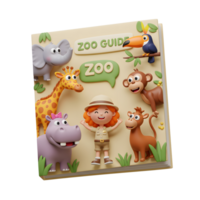 A zoo guide book is decorated with various animals and a zookeeper, providing an informative and engaging resource for zoo visitors. png
