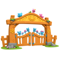 A cartoon wooden gate features smiling sun and several colorful creatures, creating an inviting and whimsical entrance for a child's play area. png