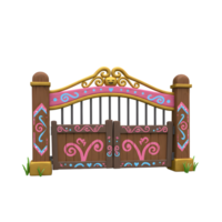 This cartoon style wooden gate features a pink and blue color scheme with heart and swirl accents, adding a whimsical touch to any property or landscape design. png