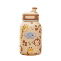 A beige water bottle featuring cartoon animals like giraffe, elephant, and monkey, is designed to keep drinks secure during a child's active day. png