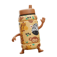A cartoon bottle with giraffe, monkey, and zebra prints is walking, designed for children. png