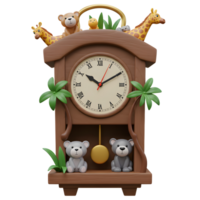 A whimsically designed clock features animal figures and tropical foliage, ideal for decorating a nursery or child's room. png