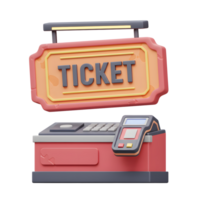 A ticket machine with a sign, gray keyboard, and red body is used to sell tickets. png