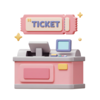 A stylized ticket booth with a monitor, buttons, and a ticket sign is shown, which could be used for entertainment or transportation events. png