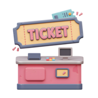 A 3D rendering shows a ticket above a counter with a monitor, suggesting ticket purchase or event entry. png