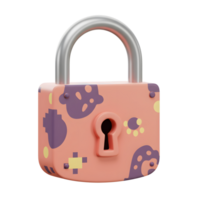 A peach colored lock with purple and yellow patterns, with a silver shackle, is shown here for security purposes. png