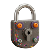 A gray cartoon lock with colorful patches is shown as an imaginative illustration for security purposes. png
