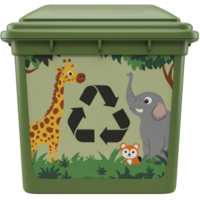 An olive green recycling bin displays a giraffe, elephant, squirrel, and recycling symbol, suitable for encouraging eco friendly habits. png