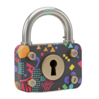 A padlock is decorated with a colorful geometric pattern, adding visual interest to a security device. It can be used for protection. png