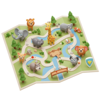 Cartoon animals, including a lion, giraffe, and elephant, are arranged on a map with rivers and trees, ideal for children's games or educational purposes. png