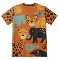 An orange t shirt features a pattern of elephants, leopards, flowers, and abstract shapes, making it ideal for casual wear. png