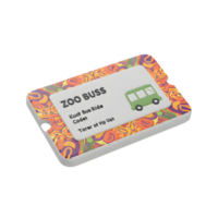 A decorative card with zoo buss information and a cartoon bus on top with a colorful patterned background can be used as a keepsake. png