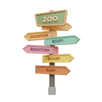 A colorful signpost with arrows points to different directions, displaying words like 'zoo', 'exufy', and 'exuist', ideal for adding whimsy to travel or location based designs. png