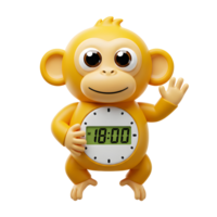 A cheerful yellow monkey figure with a digital clock display shows the time, ideal for a child's room. png